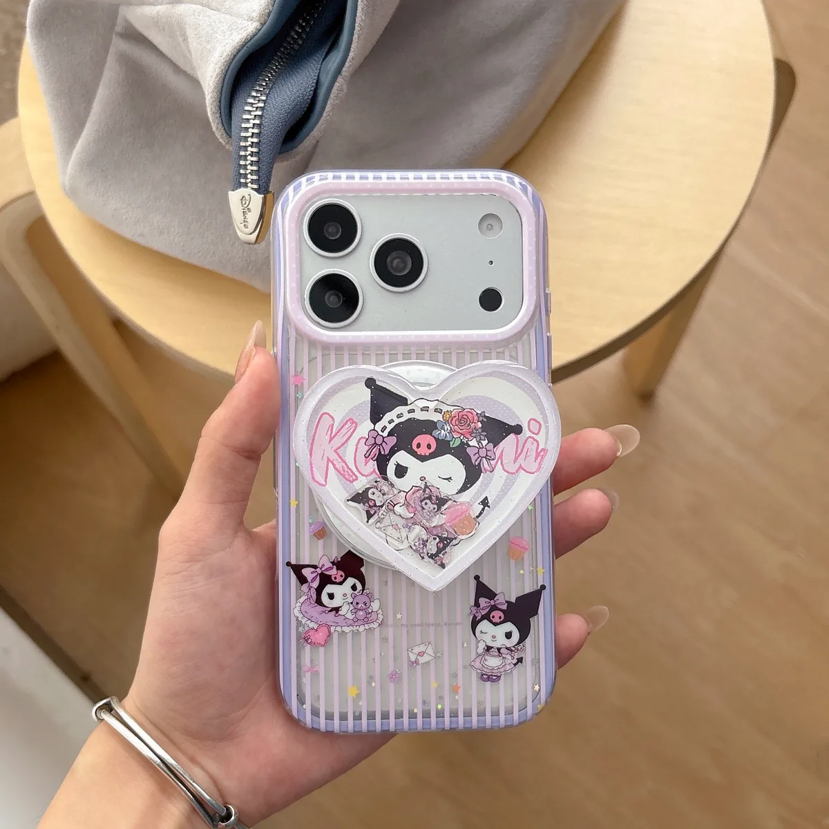 Kuromi Heart Pop Phone Case with Beaded Strap & Pop Socket for iPhone 17 16 15 14 13 Pro Max — MagSafe